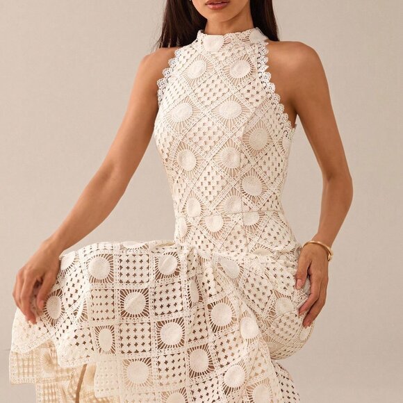 Apricot Elegant Women's Sleeveless Crochet Lace Midi Dress - Picture 6 of 8